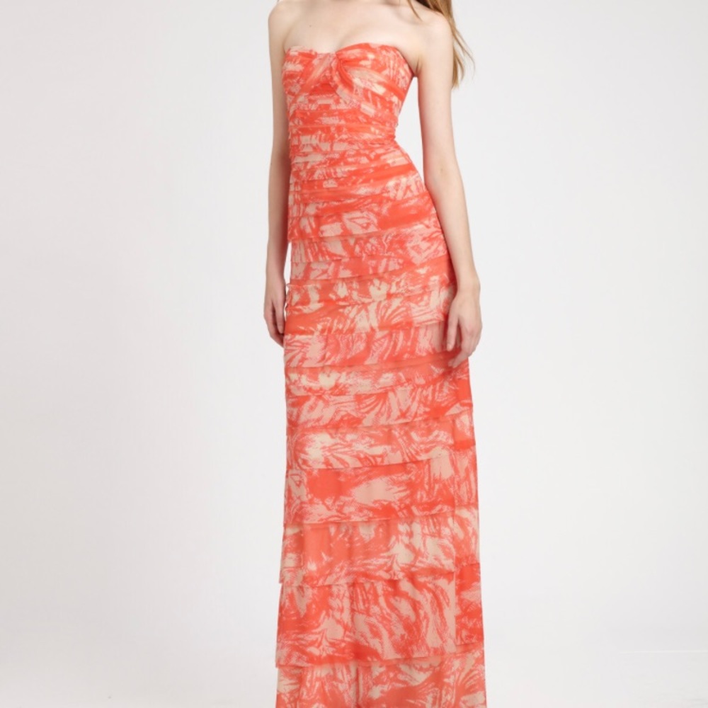 BCBG coral floor length dress. The color is coral